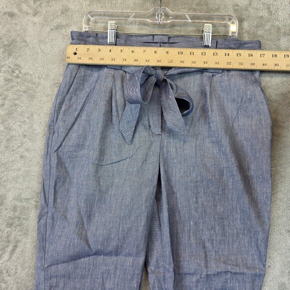 Express Pants Womens Size 12R Blue Ankle High Rise Belted Linen Blend Tapered - Picture 3 of 14